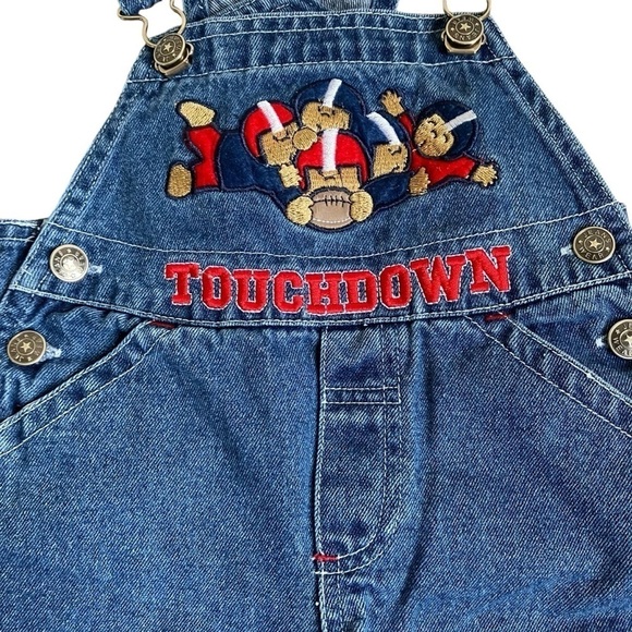 Baby’s Vintage Denim Overalls Blue Football Rugby Touchdown Embroidery Sz 6-9 mo - Picture 2 of 16